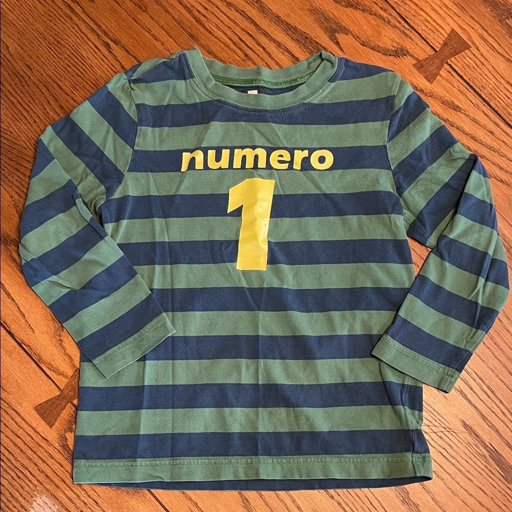 Tea Collection Kids LS Shirt, Navy/Green Stripes and yellow graphic size 7